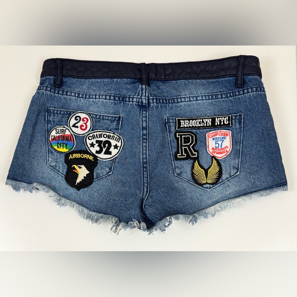 Vintage Havana Low Rise Denim Shorts with Patches and Blue Leather Trim